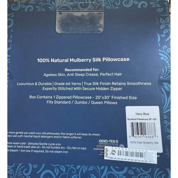 Oeko-Tex Silk (1) Pillowcase 100%‎ Natural Mulberry Silk 20"x30" Navy Blue NWT - Picture 2 of 3